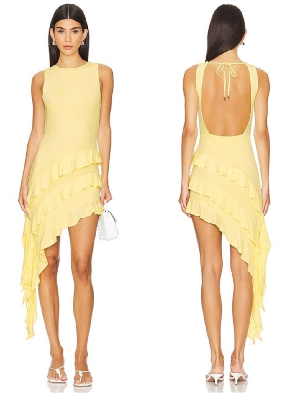AFRM Yellow Asymmetrical Ruffle Open-Back Dress